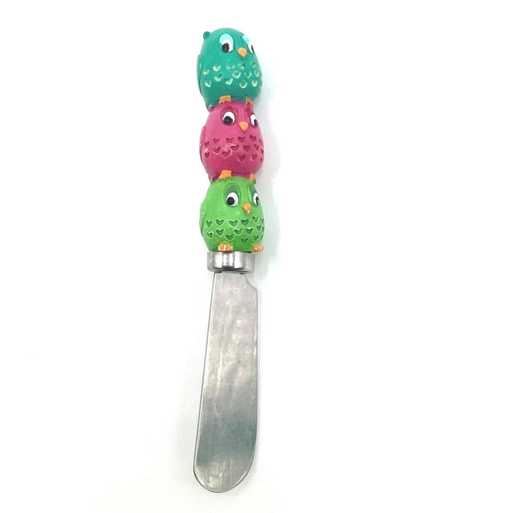 Set of 2 Cute Owl Cheese Spreaders Butter Knives Stainless Handles Colorful Bird